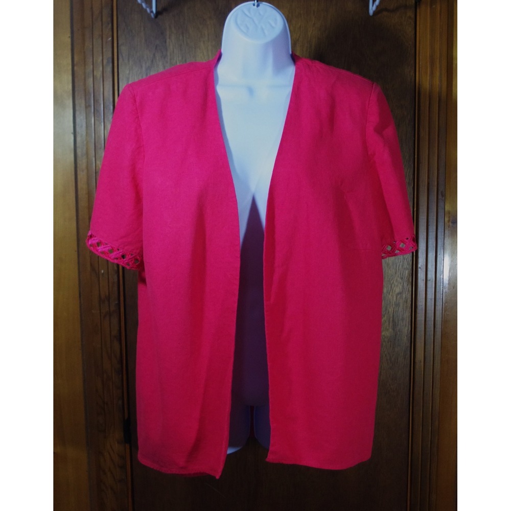 Dana Kay Pink Linen Blend Open Front Cardigan Jacket Crochet Trim 16W